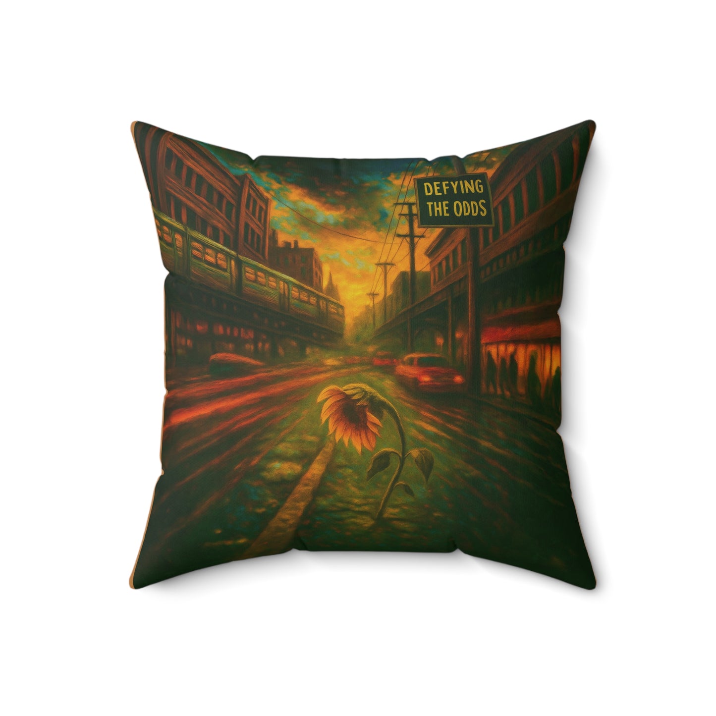 Defying the Odds throw pillow - motivational sunflower artwork with Heavy on the Believe in Yourself mantra. Perfect gift for dreamers