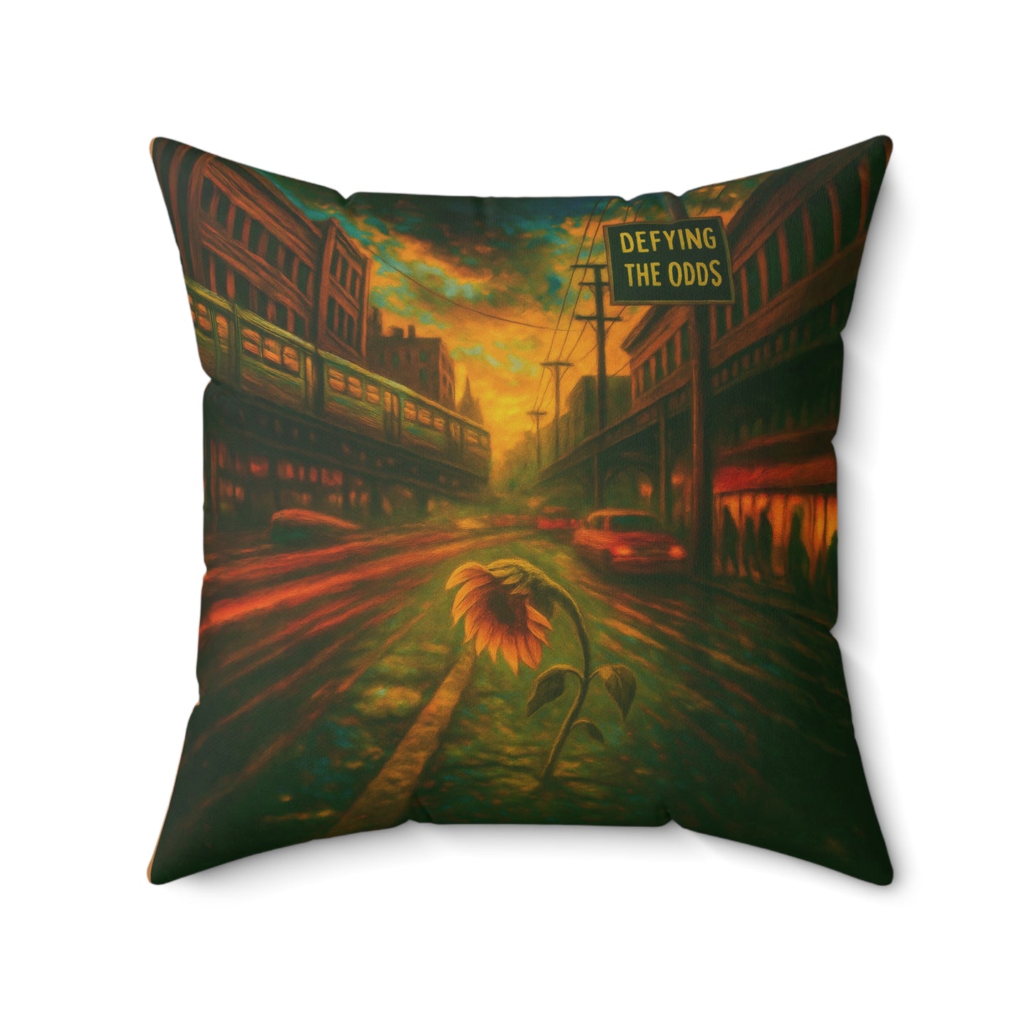 Defying the Odds throw pillow - motivational sunflower artwork with Heavy on the Believe in Yourself mantra. Perfect gift for dreamers