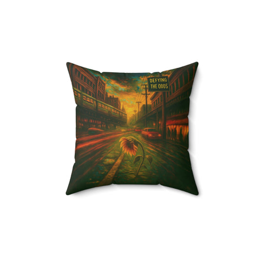 Defying the Odds throw pillow - motivational sunflower artwork with Heavy on the Believe in Yourself mantra. Perfect gift for dreamers