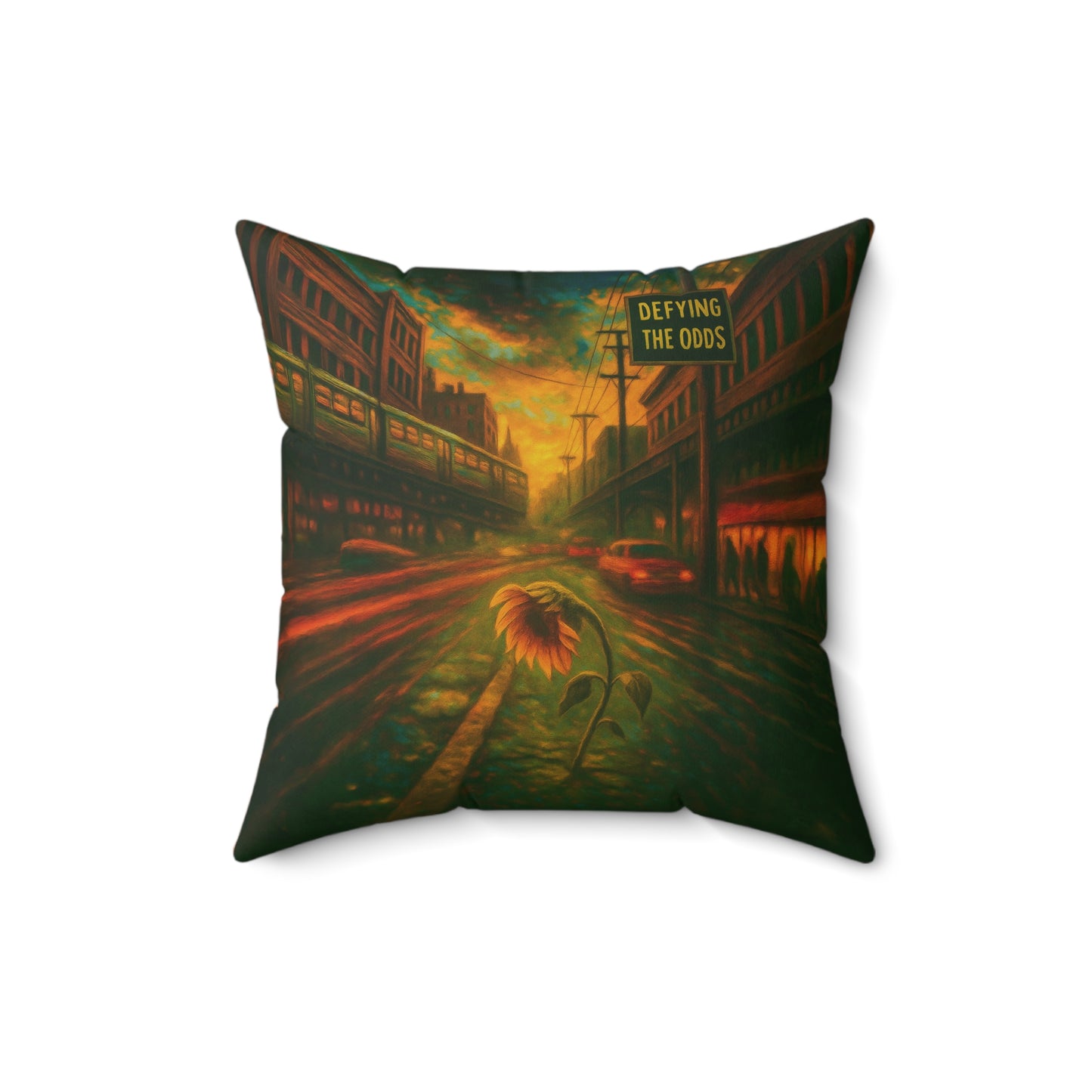 Defying the Odds throw pillow - motivational sunflower artwork with Heavy on the Believe in Yourself mantra. Perfect gift for dreamers