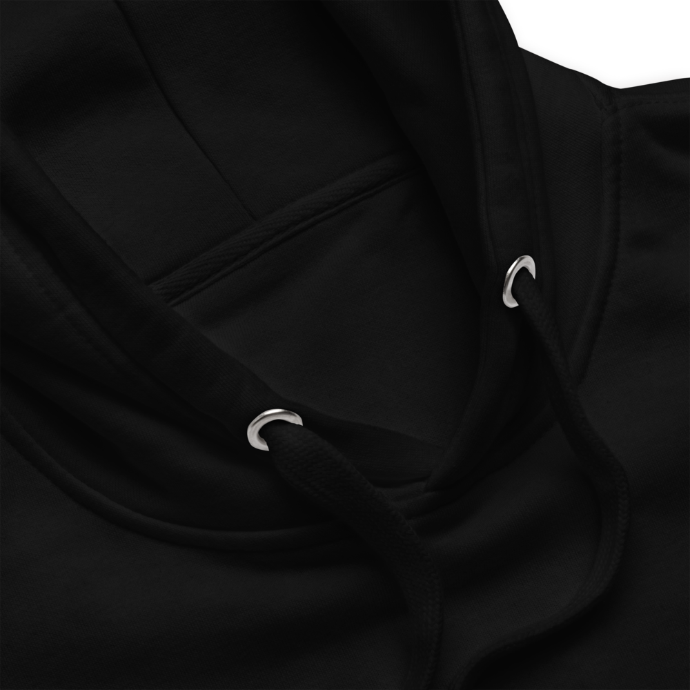 Black AI hoodie with “Me + You + AI” minimalist white text and a glow-in-the-dark heart, unisex tech love streetwear for coders.