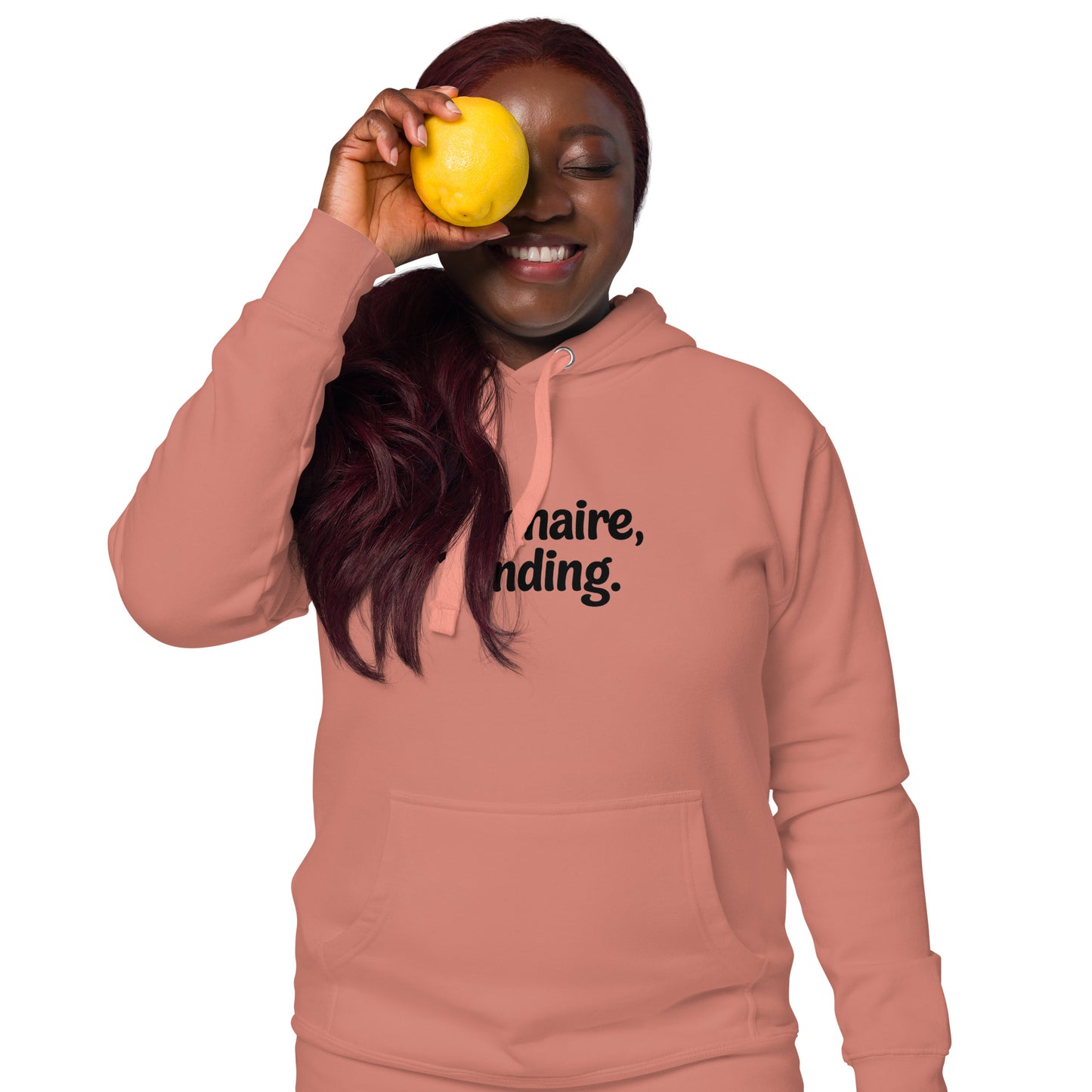 Luxury minimalist hoodie in bone color, “Billionaire, Pending.” text for motivational streetwear and hustler style.