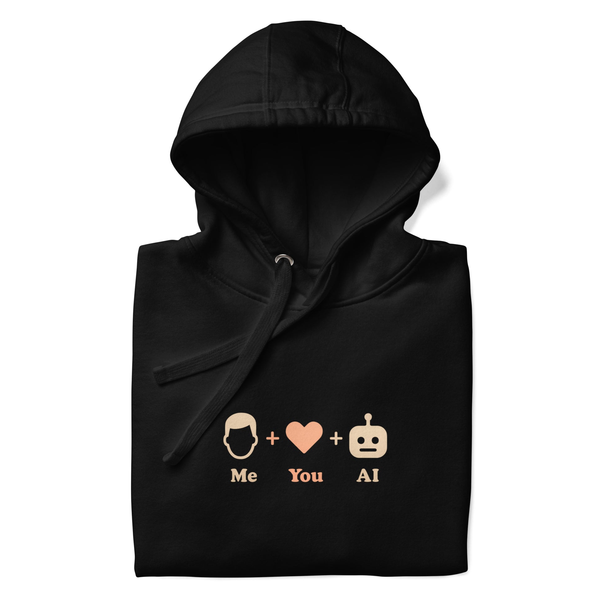 Tech love sweatshirt in black, “Me + You + AI” front print with glow-in-the-dark heart, unisex, gift for coder or AI fan.