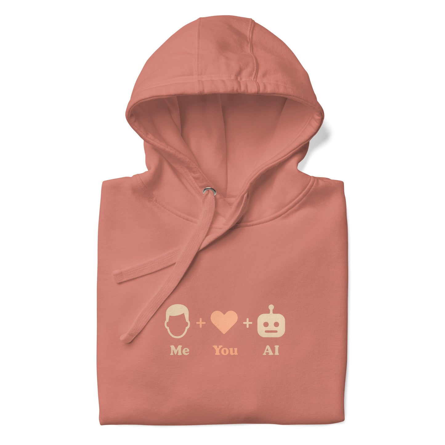 Pink AI hoodie with “Me + You + AI” minimalist white text and a glow-in-the-dark heart, unisex tech love streetwear for coders.