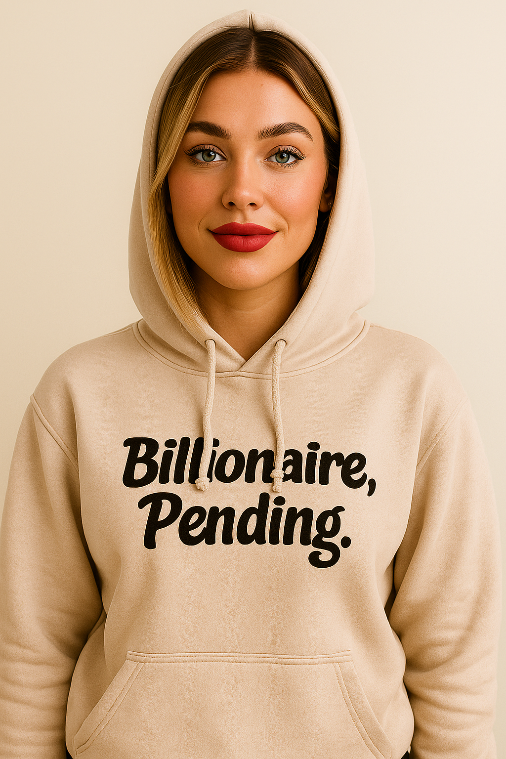 Manifestation hoodie featuring bold “Billionaire, Pending.” print, cozy streetwear for wealth mindset and founders.